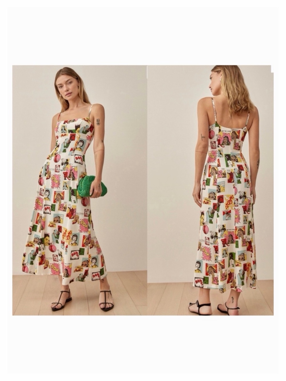 Reformation Liya Midi Length Dress in Comic Book Print Size 2 Straight Neckline